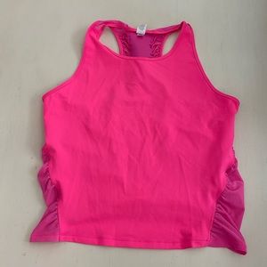 EUC Womens Athleta racerback tank w/ ruching & opaque mesh back. Sz M. Neon pink